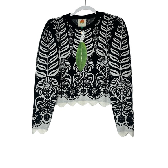 FARM rio Sweater Alnika Tropical Knit‎ Blouse Women's Médium Black Floral Crop - Picture 3 of 12